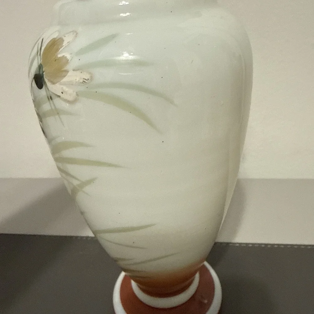 Vintage Hand Painted Milk Glass Wildflower Vase Terracotta Base 8.5